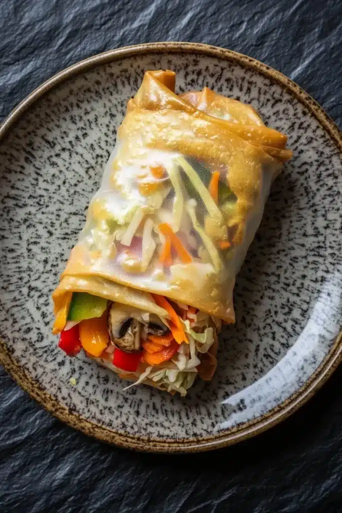 Air fryer vegetable spring rolls - the image shows a plate with a rolled up spring roll on it. the spring roll is golden brown and appears to be filled with a variety of vegetables, including carrots, bell peppers, and mushrooms. the vegetables are arranged in a criss-cross pattern on top of the spring roll, with some overlapping each other. the plate is black with a speckled pattern around the edges. the background is a dark grey textured surface.