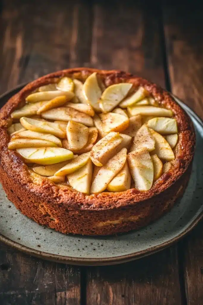 Apple cake korean - the image is of a round cake on a blue plate. the cake appears to be a tart with a golden brown crust and a layer of caramelized apples on top. the apples are arranged in a circular pattern on the top of the cake, with some overlapping each other. the plate is placed on a wooden table with a rustic background. the overall mood of the image is warm and inviting.