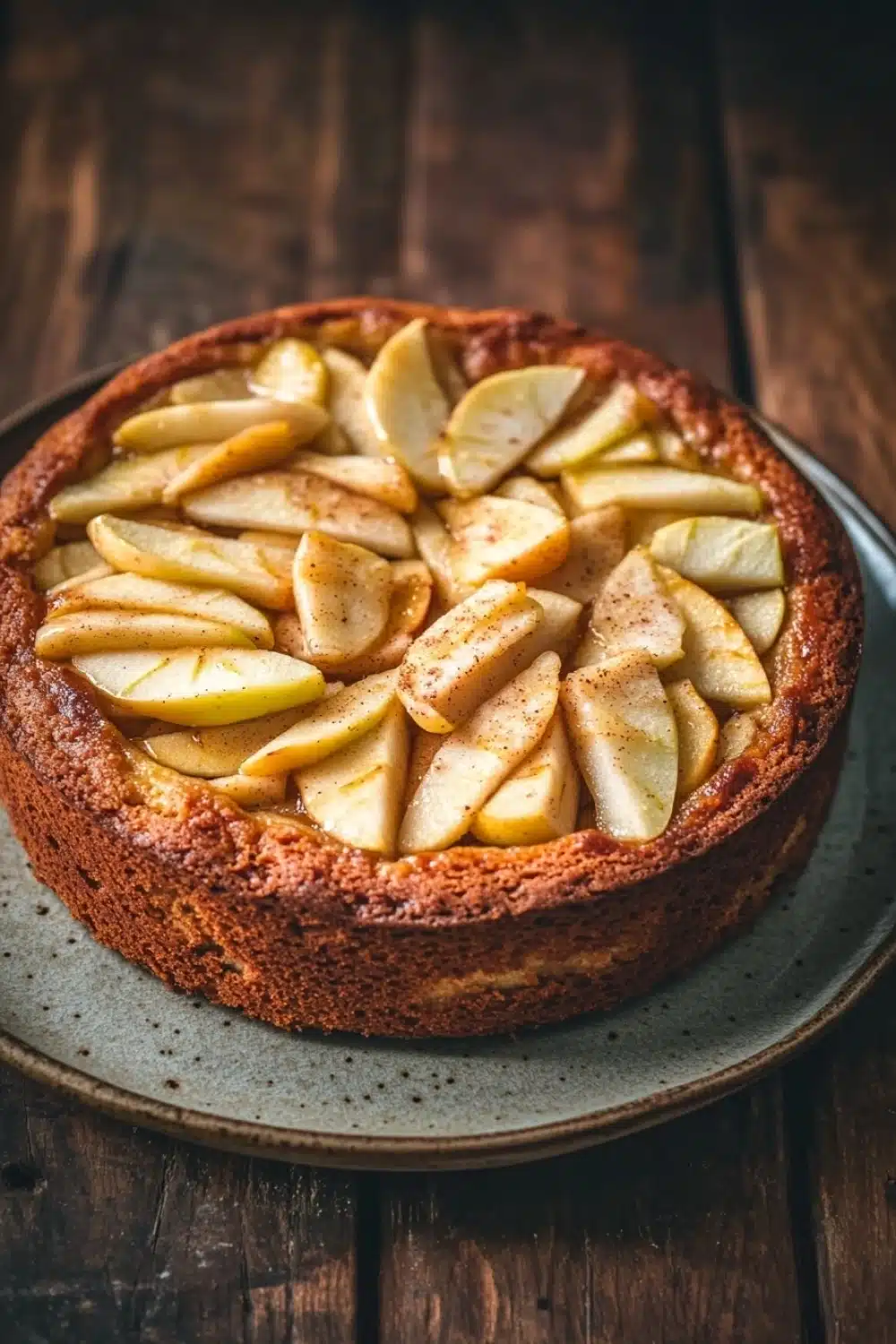 Apple cake korean - the image is of a round cake on a blue plate. the cake appears to be a tart with a golden brown crust and a layer of caramelized apples on top. the apples are arranged in a circular pattern on the top of the cake, with some overlapping each other. the plate is placed on a wooden table with a rustic background. the overall mood of the image is warm and inviting.