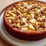 Apple cake sugar free - the image is of a round cake on a white plate. the cake appears to be freshly baked and has a golden brown crust. on top of the cake, there are sliced apples arranged in a circular pattern, with some of them overlapping each other. the apples are cut into small cubes and are scattered throughout the cake. the plate is sitting on a wooden table, and the background is blurred, making the cake the focal point of the image.