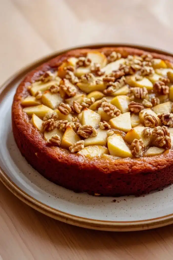 Apple cake sugar free - the image is of a round cake on a white plate. the cake appears to be freshly baked and has a golden brown crust. on top of the cake, there are sliced apples arranged in a circular pattern, with some of them overlapping each other. the apples are cut into small cubes and are scattered throughout the cake. the plate is sitting on a wooden table, and the background is blurred, making the cake the focal point of the image.