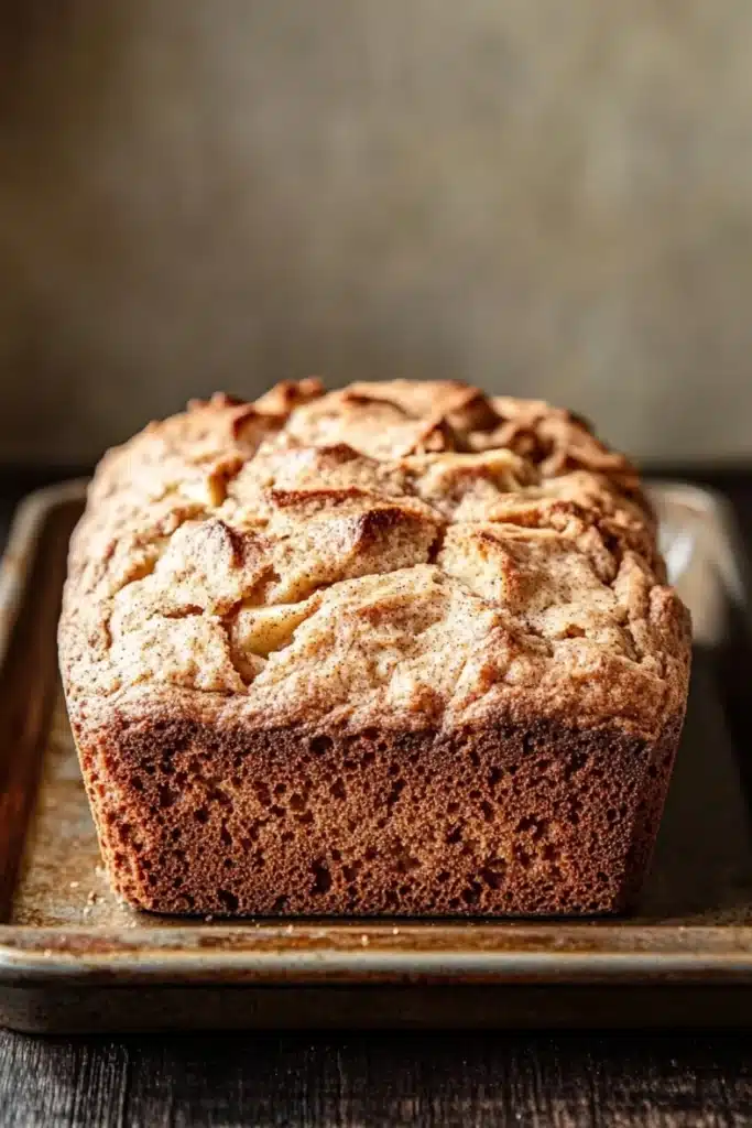 Apple cinnamon muffin loaf - the image is a close-up of a freshly baked loaf of bread on a metal tray. the bread appears to be golden brown in color and has a crumbly texture on top. the tray is placed on a wooden table with a rustic background. the loaf is slightly tilted to the side, and the edges of the bread are slightly curled. the overall mood of the image is warm and inviting.