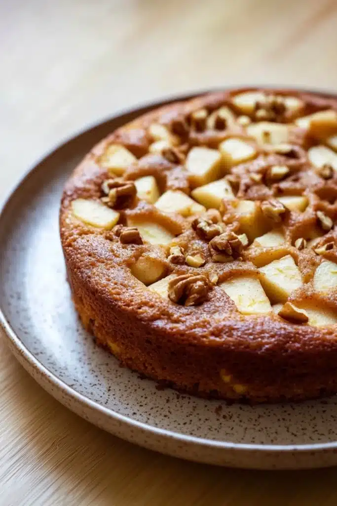 Apple mug cake - the image is a close-up of a round cake on a white plate. the cake appears to be freshly baked and has a golden brown crust. on top of the cake, there are small pieces of sliced apples arranged in a criss-cross pattern. the apples are cut into small cubes and are scattered throughout the cake. the plate is sitting on a wooden table with a light-colored surface. the background is blurred, making the cake the focal point of the image.