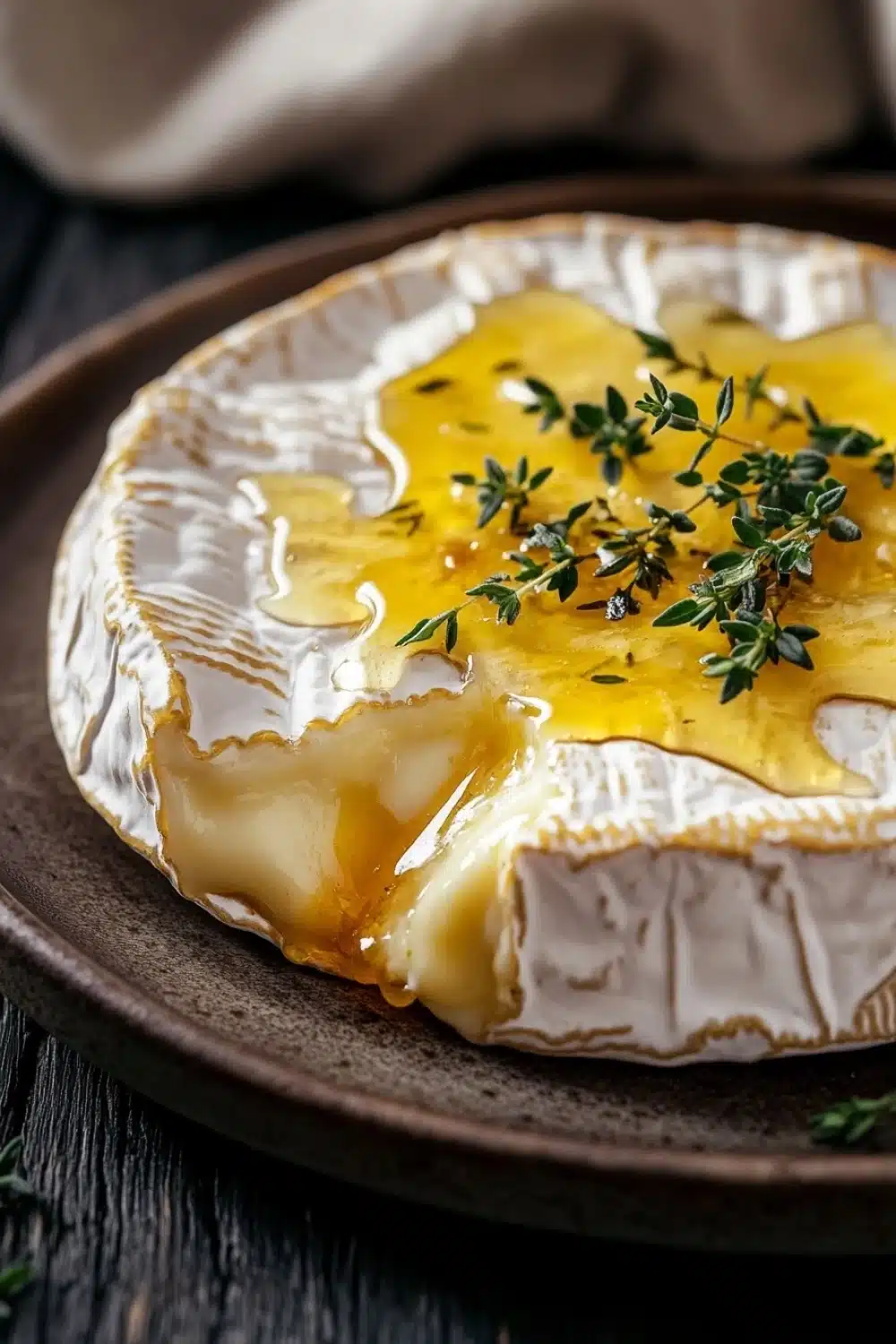 Baked brie with honey and thyme - the image is a close-up of a dessert on a brown plate. the dessert appears to be a brie, a type of camembert cheese, with a golden-brown crust and a creamy yellow filling. the filling is drizzled over the top, creating a smooth and creamy texture. on top of the filling, there is a sprig of fresh thyme, adding a pop of green color to the dish. the plate is sitting on a wooden table with a white cloth napkin in the background.