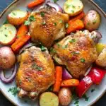 Baked chicken thighs and vegetables - the image shows a plate of roasted chicken with vegetables. the chicken is golden brown and appears to be seasoned with herbs and spices. the vegetables on the plate include carrots, potatoes, red onions, and red bell peppers. the plate is round and has a light blue rim. the background is a dark grey countertop.