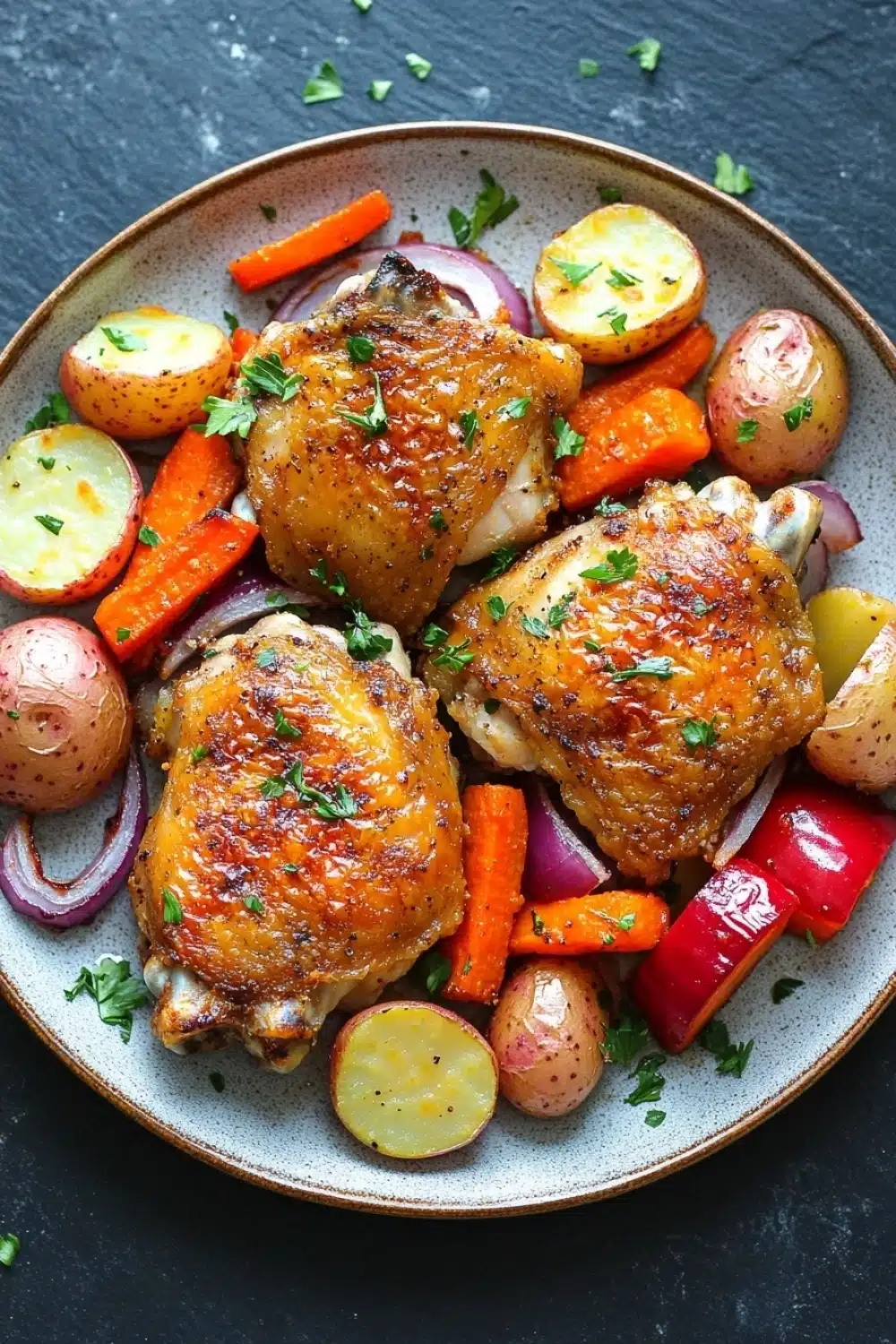 Baked chicken thighs and vegetables - the image shows a plate of roasted chicken with vegetables. the chicken is golden brown and appears to be seasoned with herbs and spices. the vegetables on the plate include carrots, potatoes, red onions, and red bell peppers. the plate is round and has a light blue rim. the background is a dark grey countertop.