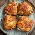 Baked chicken thighs no skin - the image shows four pieces of cooked chicken on a blue plate. the chicken is golden brown and appears to be seasoned with herbs and spices. the plate is placed on a wooden table with a rustic background. there is a sprig of rosemary on the side of the plate, adding a pop of green color to the dish.