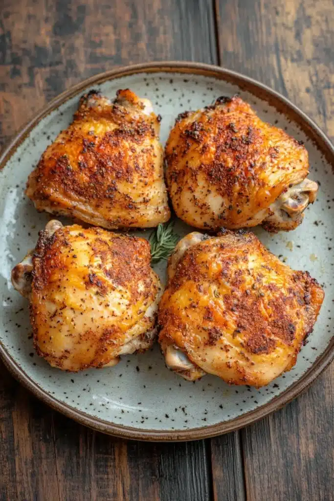 Baked chicken thighs no skin - the image shows four pieces of cooked chicken on a blue plate. the chicken is golden brown and appears to be seasoned with herbs and spices. the plate is placed on a wooden table with a rustic background. there is a sprig of rosemary on the side of the plate, adding a pop of green color to the dish.