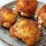 Baked chicken thighs on wire rack - the image shows four pieces of chicken drumsticks on a wire cooling rack. the drumsticks are golden brown and appear to be seasoned with herbs and spices. the rack is placed on a white marble countertop. the background is blurred, but it appears to be a kitchen countertop with a white mug on the right side.