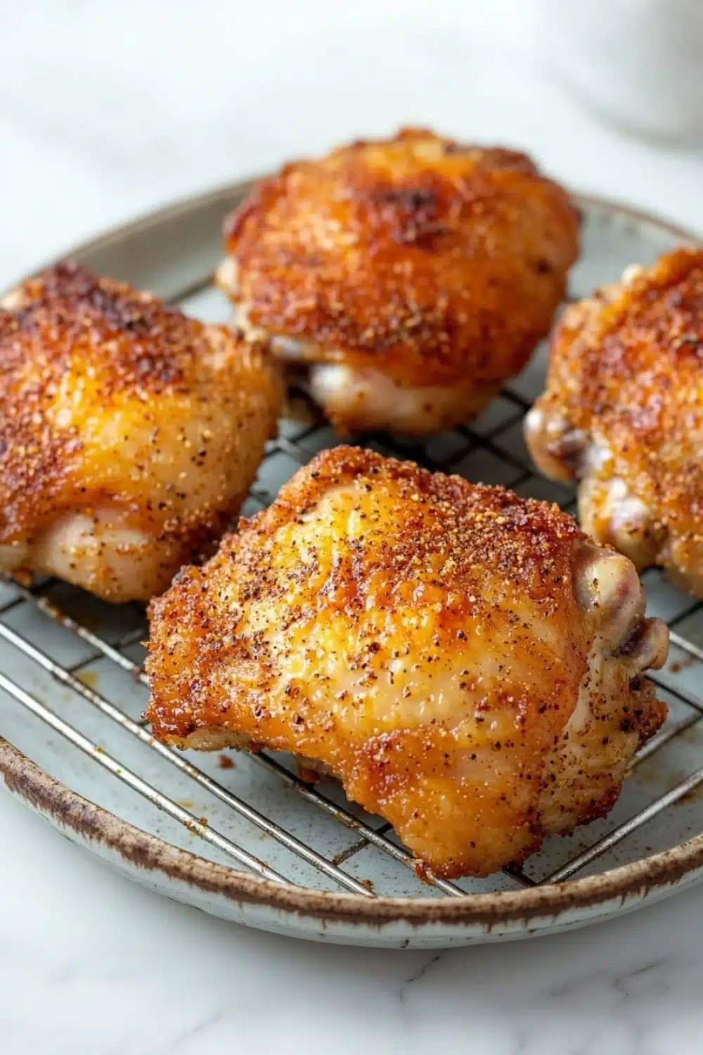 Baked chicken thighs on wire rack - the image shows four pieces of chicken drumsticks on a wire cooling rack. the drumsticks are golden brown and appear to be seasoned with herbs and spices. the rack is placed on a white marble countertop. the background is blurred, but it appears to be a kitchen countertop with a white mug on the right side.