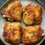 Baked chicken thighs time and temp - the image shows four pieces of chicken drumsticks on a round plate. the drumsticks are golden brown and appear to be seasoned with herbs and spices. they are arranged in a single layer on the plate, with the largest one in the center and two smaller ones on either side. the plate is light brown in color and has a textured surface. the background is a dark grey countertop.