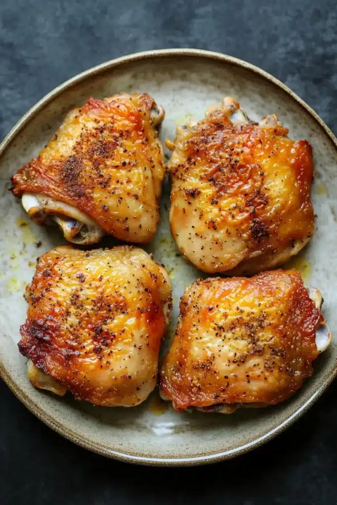 Baked chicken thighs time and temp - the image shows four pieces of chicken drumsticks on a round plate. the drumsticks are golden brown and appear to be seasoned with herbs and spices. they are arranged in a single layer on the plate, with the largest one in the center and two smaller ones on either side. the plate is light brown in color and has a textured surface. the background is a dark grey countertop.
