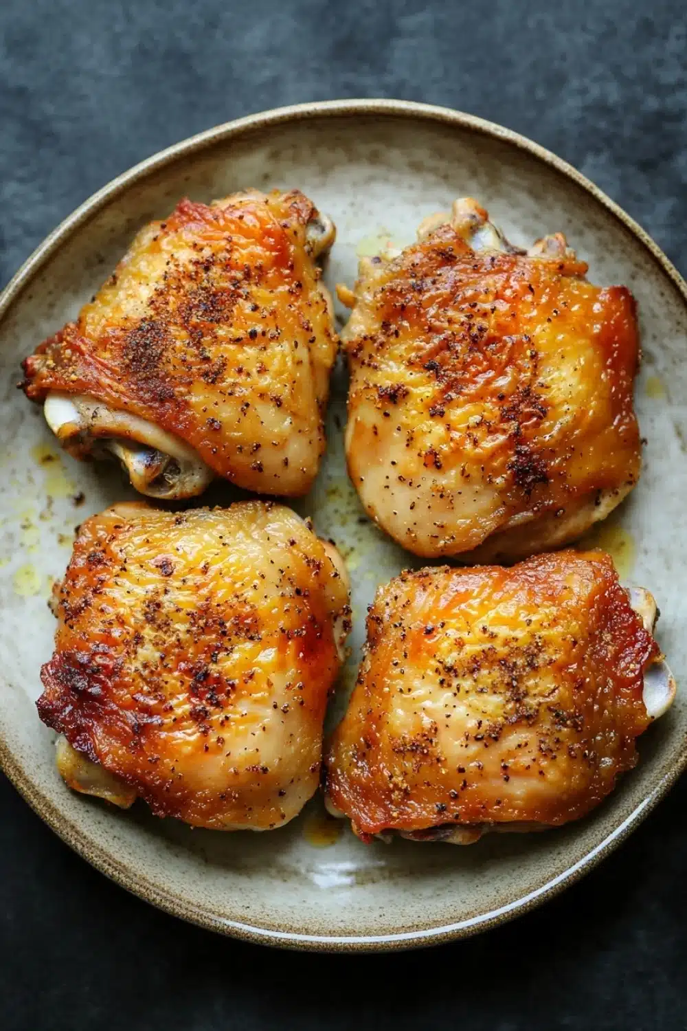 Baked chicken thighs time and temp - the image shows four pieces of chicken drumsticks on a round plate. the drumsticks are golden brown and appear to be seasoned with herbs and spices. they are arranged in a single layer on the plate, with the largest one in the center and two smaller ones on either side. the plate is light brown in color and has a textured surface. the background is a dark grey countertop.