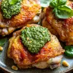 Baked chicken thighs with pesto - the image shows a plate of grilled chicken breasts with a green pesto sauce on top. the chicken breasts are golden brown and appear to be seasoned with herbs and spices. the sauce is a vibrant green color and is spread evenly over the top of the chicken breasts. the plate is garnished with fresh basil leaves and pine nuts. the background is a dark grey textured surface.
