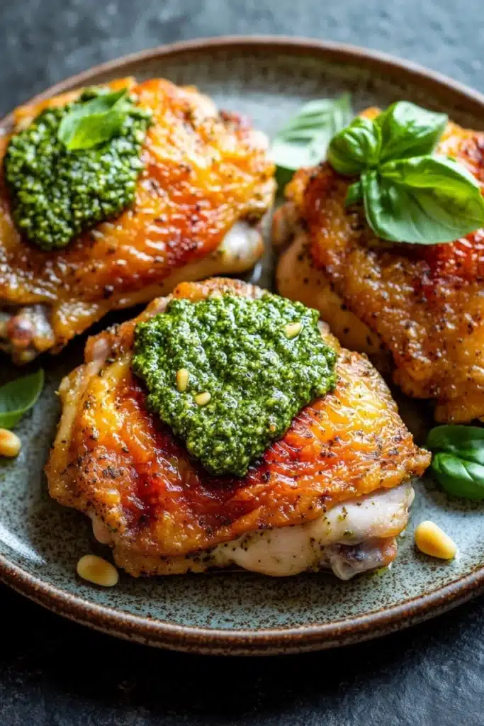 Baked chicken thighs with pesto - the image shows a plate of grilled chicken breasts with a green pesto sauce on top. the chicken breasts are golden brown and appear to be seasoned with herbs and spices. the sauce is a vibrant green color and is spread evenly over the top of the chicken breasts. the plate is garnished with fresh basil leaves and pine nuts. the background is a dark grey textured surface.