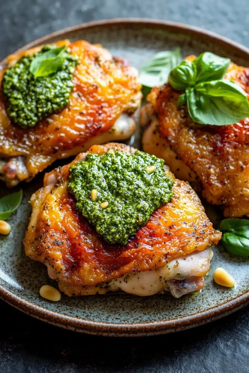 Baked chicken thighs with pesto - the image shows a plate of grilled chicken breasts with a green pesto sauce on top. the chicken breasts are golden brown and appear to be seasoned with herbs and spices. the sauce is a vibrant green color and is spread evenly over the top of the chicken breasts. the plate is garnished with fresh basil leaves and pine nuts. the background is a dark grey textured surface.
