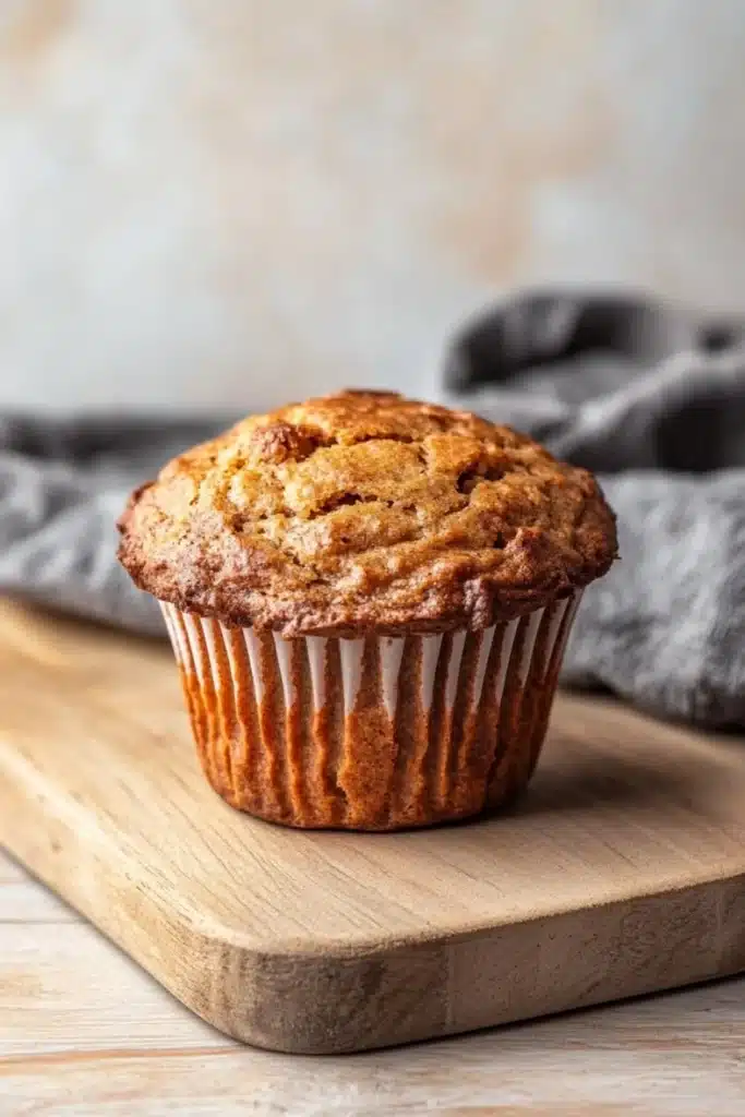 Banana bread kodiak muffins - the image shows a freshly baked muffin on a wooden cutting board. the muffin is golden brown in color and has a crumbly texture. it is sitting on a gray cloth napkin on the right side of the cutting board, and the background is blurred, making the muffin the focal point of the image.