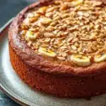 Banana cake almond - the image is of a round cake on a white plate. the cake appears to be a chocolate cake with a golden brown crust. on top of the cake, there are sliced bananas arranged in a circular pattern. the bananas are cut into small pieces and are scattered across the cake. the plate is sitting on a dark grey countertop. the background is blurred, making the cake the focal point of the image.