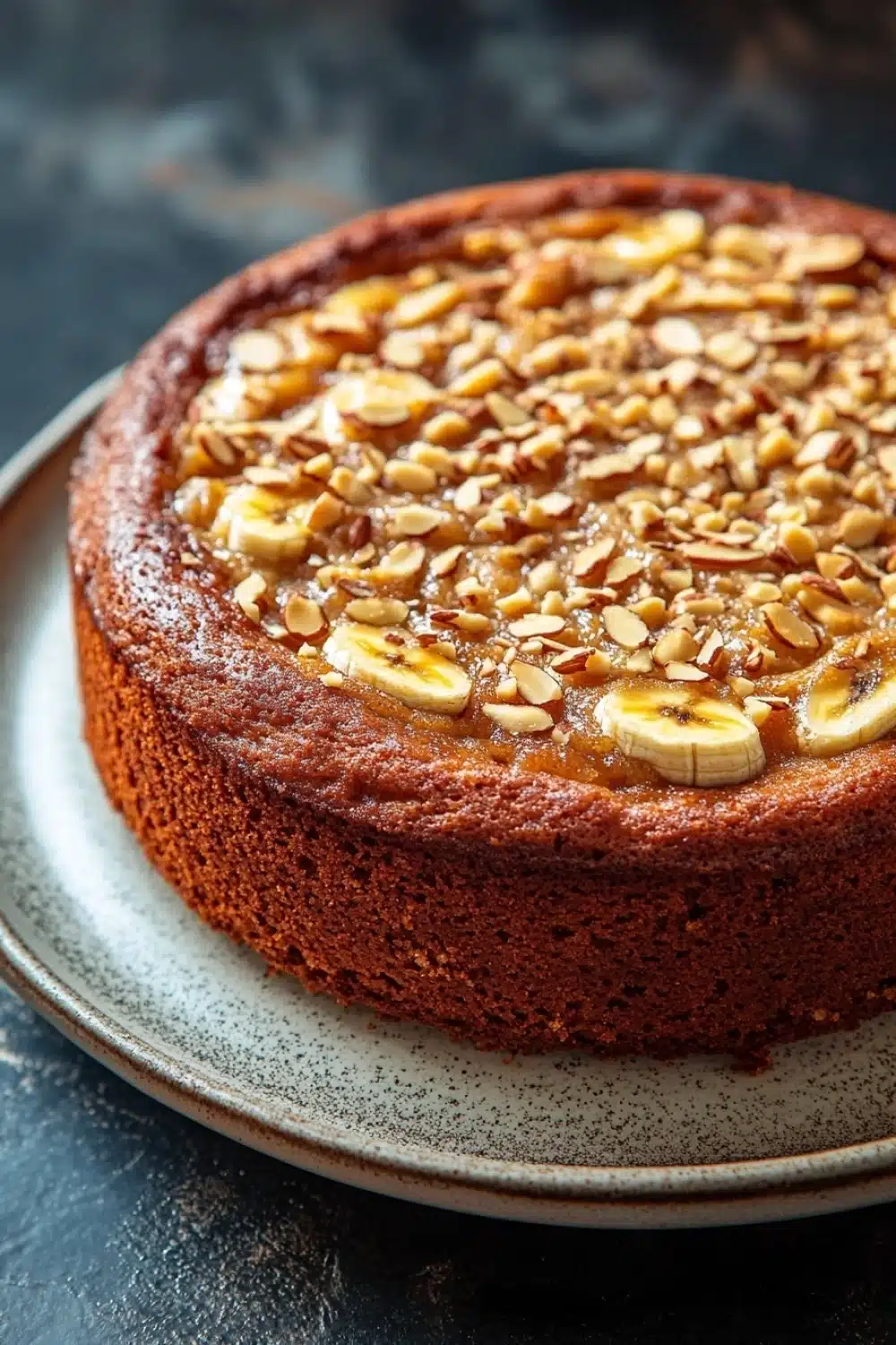 Banana cake almond - the image is of a round cake on a white plate. the cake appears to be a chocolate cake with a golden brown crust. on top of the cake, there are sliced bananas arranged in a circular pattern. the bananas are cut into small pieces and are scattered across the cake. the plate is sitting on a dark grey countertop. the background is blurred, making the cake the focal point of the image.