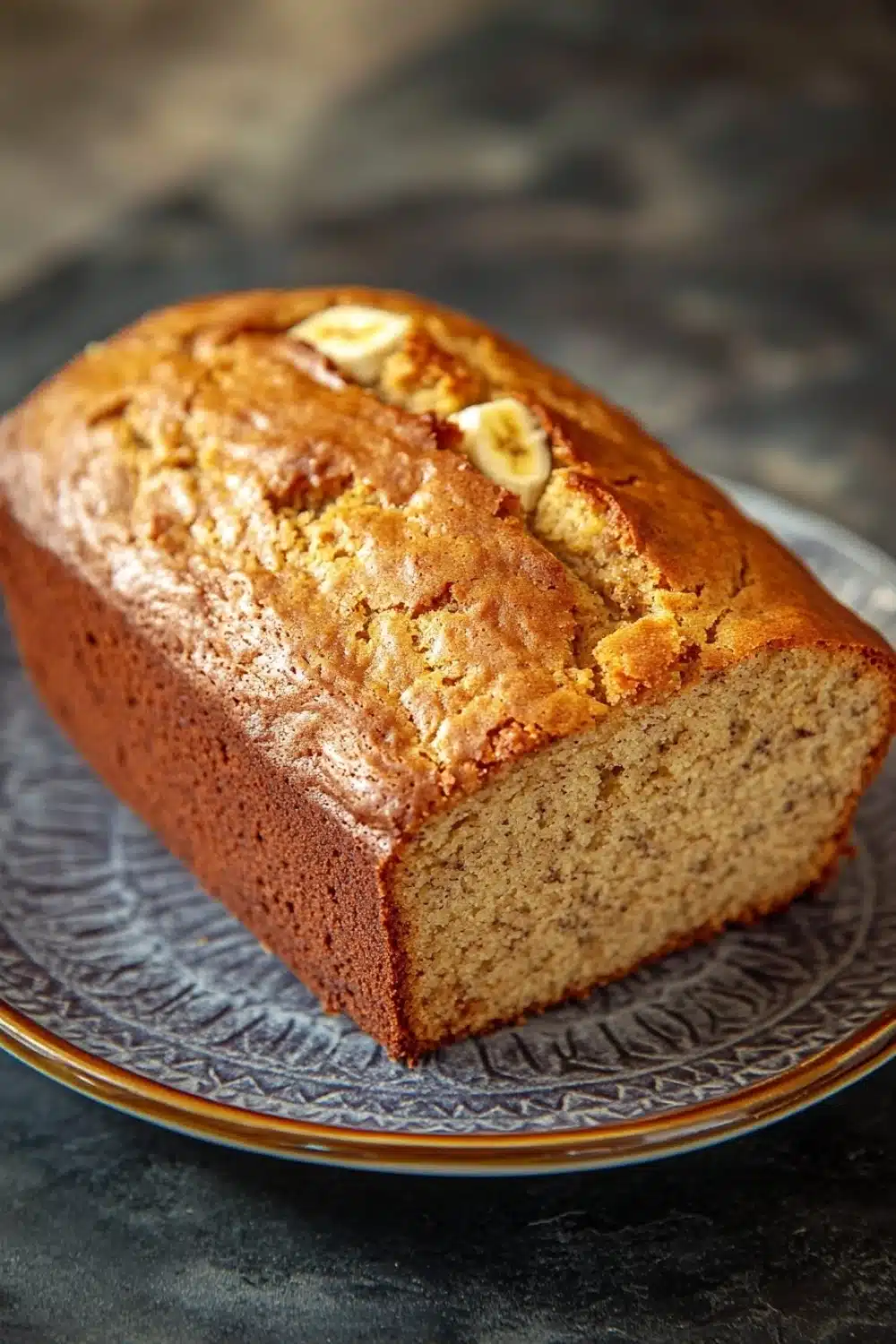 Banana cake loaf - the image shows a freshly baked loaf of banana bread on a blue and white patterned plate. the bread is golden brown in color and has a slightly crisp crust on top. it is topped with sliced bananas, giving it a crunchy texture. the plate is sitting on a dark grey countertop. the background is blurred, making the bread the focal point of the image.