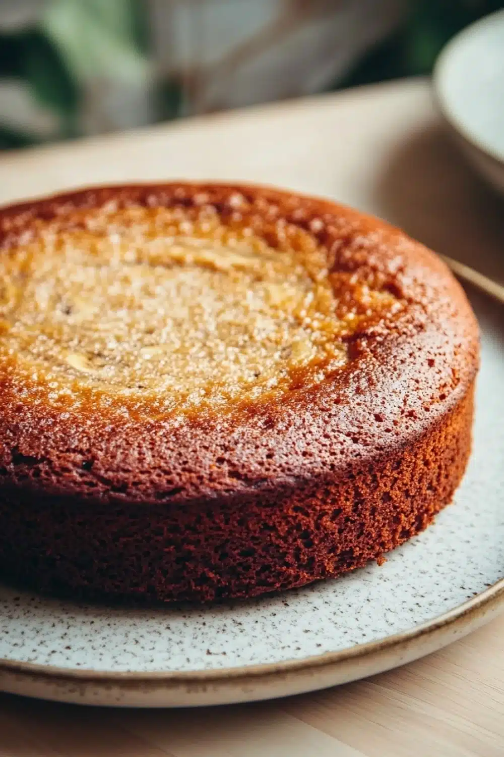 Banana cake no butter - the image is a close-up of a round cake on a white plate. the cake appears to be a chocolate cake with a golden brown crust on top. the top of the cake is covered in a light dusting of powdered sugar, giving it a shiny appearance. the plate is sitting on a wooden table with a blurred background of greenery. a fork is resting on the plate next to the cake.
