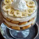 Banana cake trifle - the image is of a dessert in a glass cake stand. the cake stand is made of glass and has a round base. the top of the cake stand has a layer of white frosting with a dollop of whipped cream on top. the frosting is drizzled over the top, creating a smooth and creamy texture. there are several sliced bananas arranged in a circular pattern around the cake. the bananas are cut into small pieces and are arranged in an even layer on top of each other. the background is a wooden table with a rustic texture.