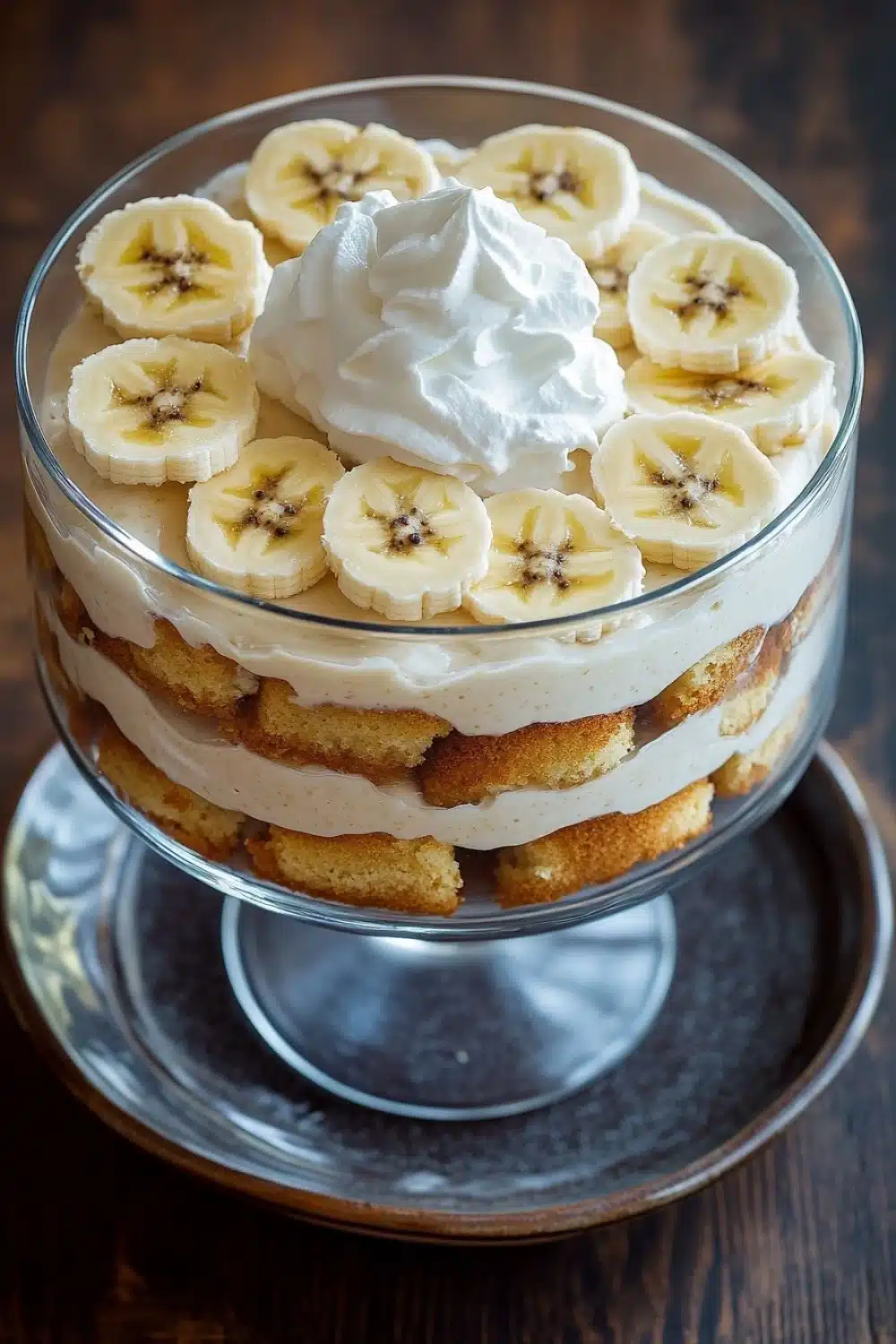 Banana cake trifle - the image is of a dessert in a glass cake stand. the cake stand is made of glass and has a round base. the top of the cake stand has a layer of white frosting with a dollop of whipped cream on top. the frosting is drizzled over the top, creating a smooth and creamy texture. there are several sliced bananas arranged in a circular pattern around the cake. the bananas are cut into small pieces and are arranged in an even layer on top of each other. the background is a wooden table with a rustic texture.