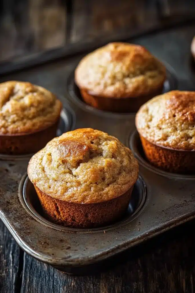 Banana muffin sour cream - the image shows a muffin tray with six freshly baked muffins in it. the muffins are golden brown in color and have a crumbly texture. they are arranged in a single layer in the tray, with the topmost muffin slightly overlapping the bottom one. the tray is placed on a wooden table, and the background is blurred, making the muffins the focal point of the image.
