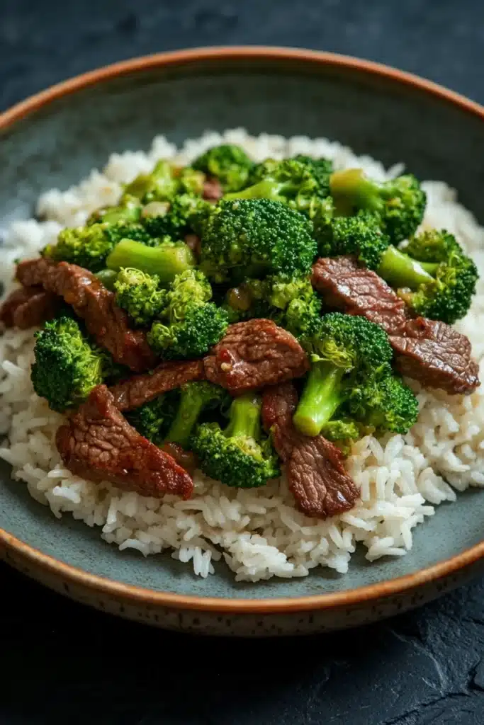 Beef and broccoli stir fry rice - the image shows a plate of stir-fried beef and broccoli on a bed of white rice. the beef is cooked medium-rare and appears to be seasoned with herbs and spices. the broccoli is bright green and looks fresh and healthy. the rice is fluffy and white, and the dish is served on a dark blue plate with a brown rim. the background is blurred, making the plate the focal point of the image.