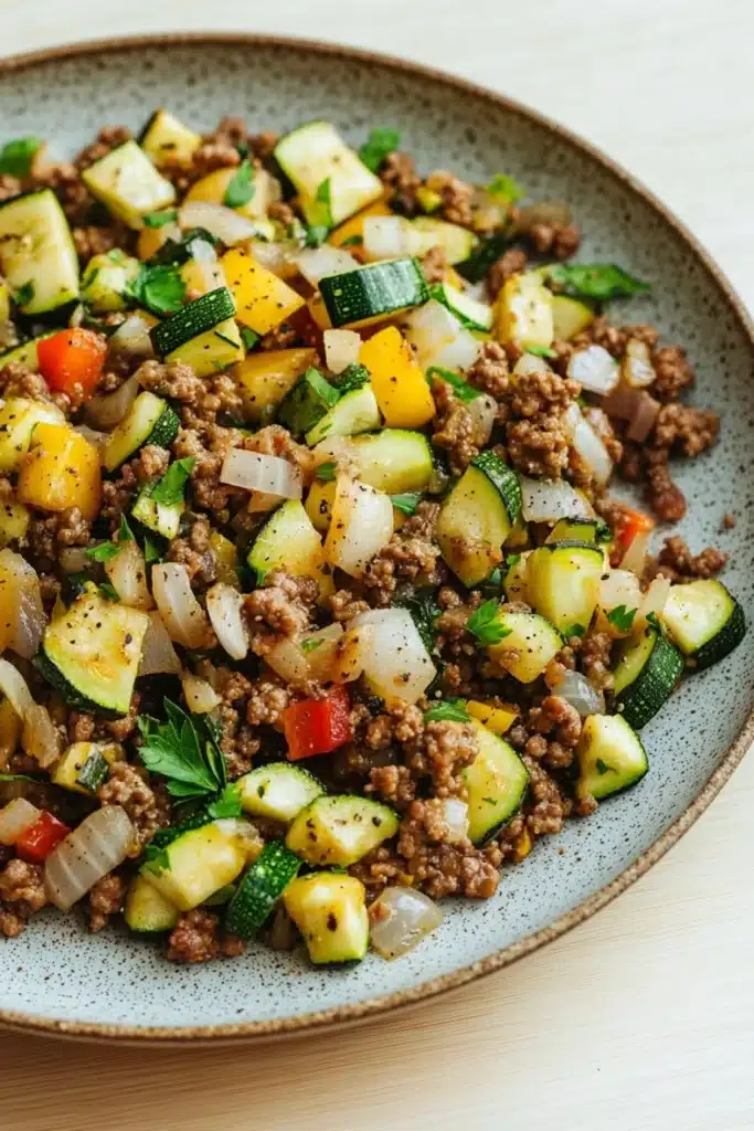 Beef and zucchini skillet - the image is a close-up of a plate of food. the plate is round and has a light blue speckled pattern. the food appears to be a salad with a variety of vegetables, including zucchini, yellow squash, red bell peppers, and onions. the vegetables are arranged in a colorful and appetizing manner, with some overlapping each other. the ground beef is visible in the center of the plate, and it is mixed with the vegetables. there are also some herbs and spices scattered throughout the dish, adding a pop of green color to the dish.