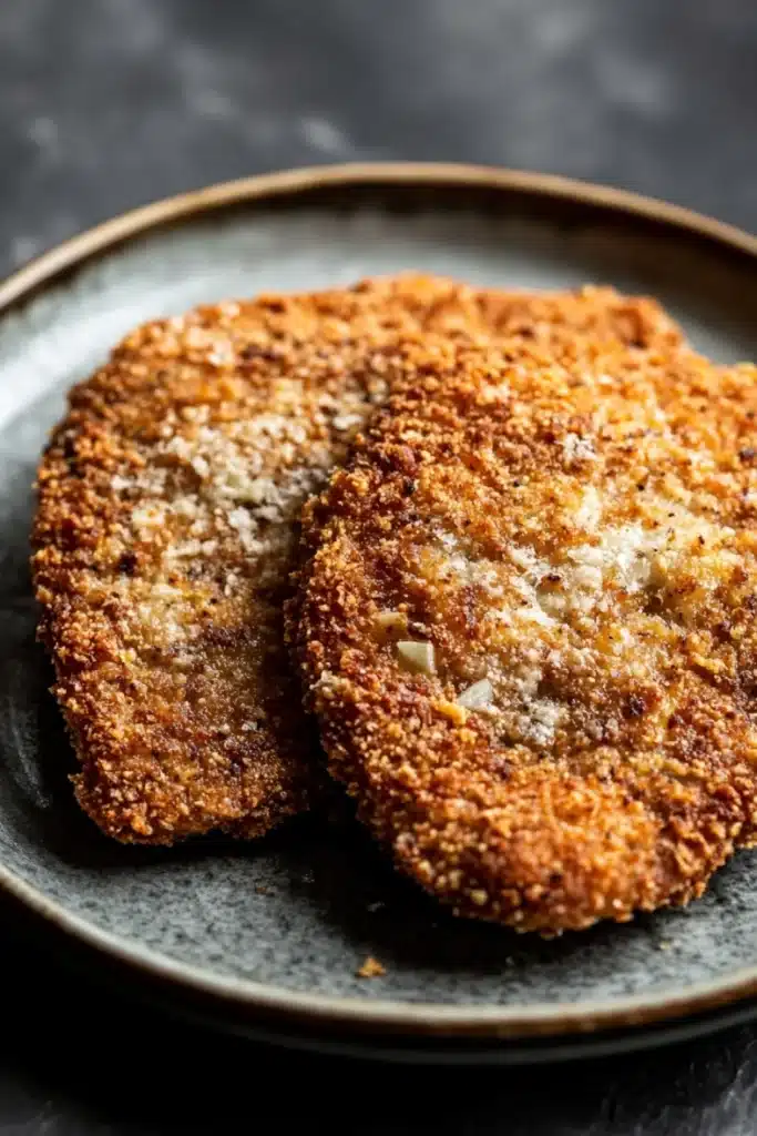 Beef chicken cutlets - the image shows two pieces of breaded fish fillets on a black plate. the fillets are golden brown and appear to be seasoned with herbs and spices. the plate is round and has a textured surface. the background is blurred, but it appears to be a dark countertop. the overall mood of the image is rustic and appetizing.