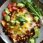 Beef enchilada skillet - the image is a close-up of a plate of food. the plate is round and has a speckled pattern. on top of the plate, there is a layer of black beans, corn kernels, and melted cheese. the cheese is melted and bubbly, and there are small pieces of avocado scattered throughout the dish. on the side, there are sliced tomatoes and a sprig of cilantro. there are also a few jalapeno peppers scattered around the plate. the overall color scheme of the dish is warm and inviting.
