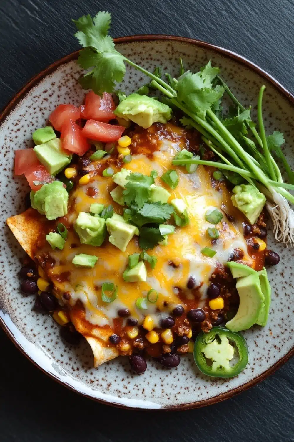 Beef enchilada skillet - the image is a close-up of a plate of food. the plate is round and has a speckled pattern. on top of the plate, there is a layer of black beans, corn kernels, and melted cheese. the cheese is melted and bubbly, and there are small pieces of avocado scattered throughout the dish. on the side, there are sliced tomatoes and a sprig of cilantro. there are also a few jalapeno peppers scattered around the plate. the overall color scheme of the dish is warm and inviting.