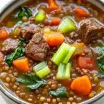 Beef lentil soup - the image is a close-up of a bowl of soup. the soup appears to be made with lentils, carrots, celery, and other vegetables. the broth is a rich brown color and looks thick and hearty. there are chunks of beef visible in the soup, and the vegetables are arranged in a circular pattern around the edges of the bowl. the bowl is made of ceramic and has a textured surface. the background is blurred, making the soup the focal point of the image.