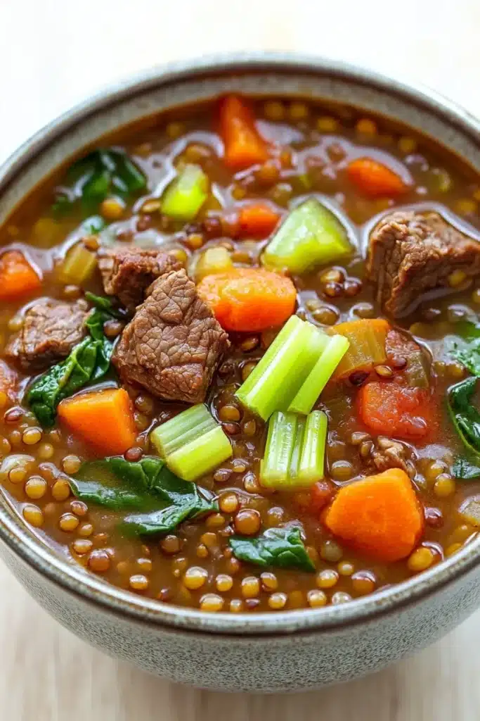 Beef lentil soup - the image is a close-up of a bowl of soup. the soup appears to be made with lentils, carrots, celery, and other vegetables. the broth is a rich brown color and looks thick and hearty. there are chunks of beef visible in the soup, and the vegetables are arranged in a circular pattern around the edges of the bowl. the bowl is made of ceramic and has a textured surface. the background is blurred, making the soup the focal point of the image.
