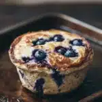 Blueberry muffin pancake bowl - the image shows a freshly baked blueberry muffin on a brown baking tray. the muffin has a golden brown crust on top and is filled with fresh blueberries. the blueberries are arranged in a circular pattern on top of the muffin, with some of them overlapping each other. the tray is sitting on a wooden table with a blurred background. the overall mood of the image is warm and inviting.