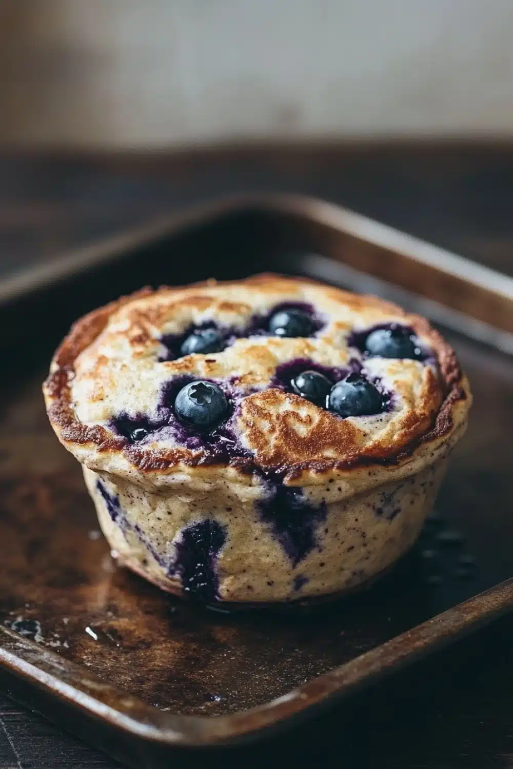 Blueberry muffin pancake bowl - the image shows a freshly baked blueberry muffin on a brown baking tray. the muffin has a golden brown crust on top and is filled with fresh blueberries. the blueberries are arranged in a circular pattern on top of the muffin, with some of them overlapping each other. the tray is sitting on a wooden table with a blurred background. the overall mood of the image is warm and inviting.