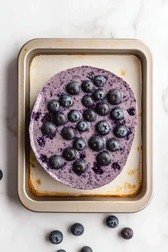 Blueberry muffin smoothie - the image shows a rectangular baking tray with a freshly baked blueberry cake on it. the cake is a light brown color and has a smooth texture. on top of the cake, there are a few fresh blueberries scattered around the tray. the blueberries are a deep purple color and appear to be ripe and juicy. the tray is sitting on a white marble countertop.