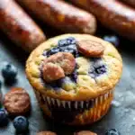 Blueberry muffin with sausage - the image shows a freshly baked blueberry muffin on a baking tray. the muffin is golden brown and has a crumbly texture. it is topped with fresh blueberries and a sprinkle of cinnamon sugar. in the background, there are several sausages arranged in a row. the tray is lined with parchment paper and there are a few scattered blueberries around the muffin. the overall mood of the image is warm and inviting.