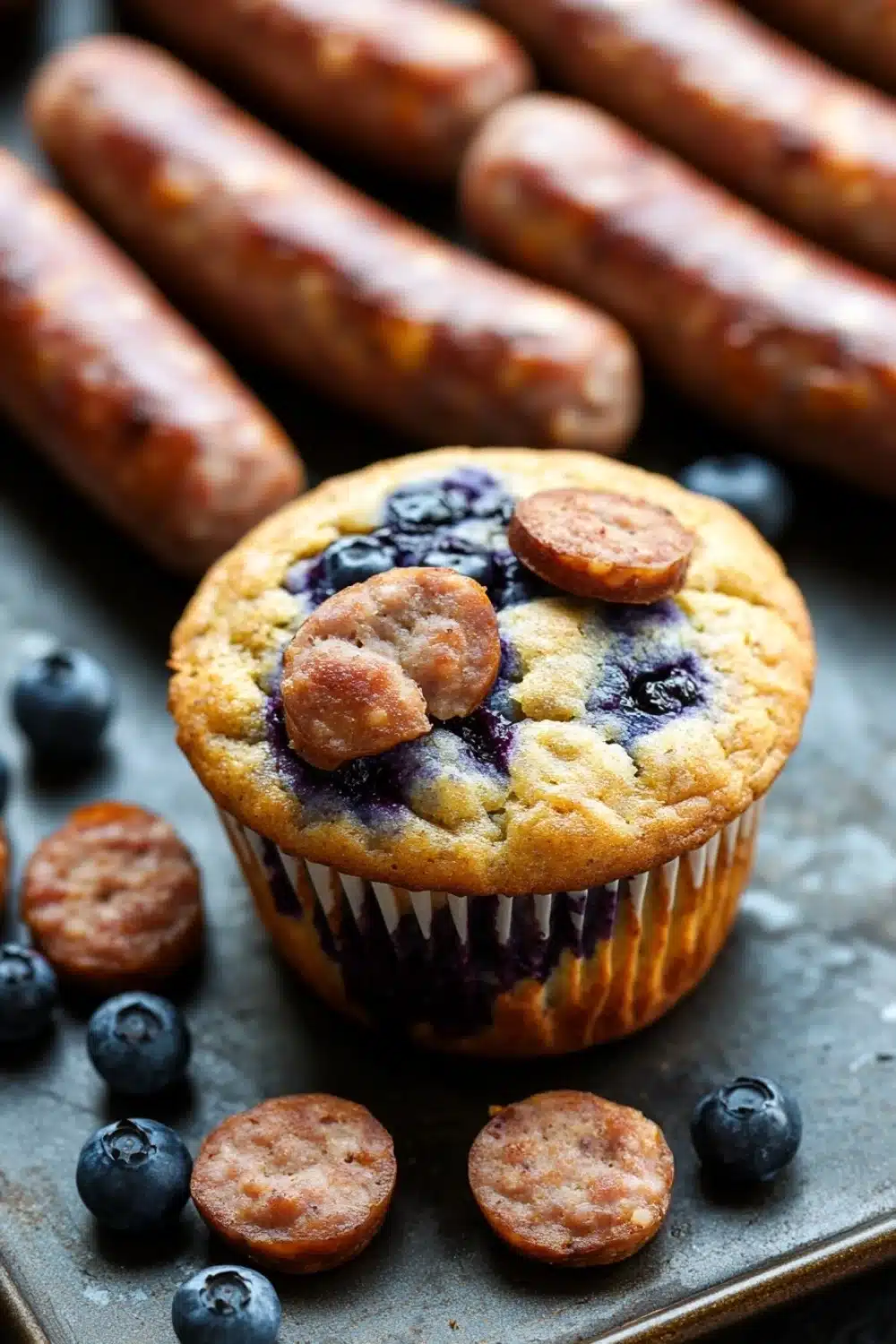 Blueberry muffin with sausage - the image shows a freshly baked blueberry muffin on a baking tray. the muffin is golden brown and has a crumbly texture. it is topped with fresh blueberries and a sprinkle of cinnamon sugar. in the background, there are several sausages arranged in a row. the tray is lined with parchment paper and there are a few scattered blueberries around the muffin. the overall mood of the image is warm and inviting.