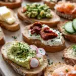 Bread toppings - the image shows a wooden cutting board with several slices of bread arranged on it. the bread appears to be toasted and has a golden brown crust. on top of the bread, there is a generous amount of creamy avocado spread. the avocado is garnished with chopped herbs and radishes. on the right side of the cutting board, there are slices of cucumber and a dollop of cream cheese. in the center of each slice, there appears to have a sprinkle of red sun-dried tomatoes. the background is blurred, but it seems to be a kitchen countertop.