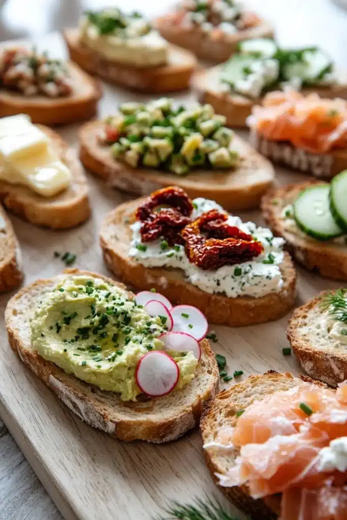 Bread toppings - the image shows a wooden cutting board with several slices of bread arranged on it. the bread appears to be toasted and has a golden brown crust. on top of the bread, there is a generous amount of creamy avocado spread. the avocado is garnished with chopped herbs and radishes. on the right side of the cutting board, there are slices of cucumber and a dollop of cream cheese. in the center of each slice, there appears to have a sprinkle of red sun-dried tomatoes. the background is blurred, but it seems to be a kitchen countertop.