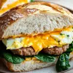 Breakfast sandwich ciabatta - the image shows a close-up of a burger on a plate. the burger is made with a toasted bun and is topped with a generous helping of melted cheese and a fried egg. the cheese is yellow and runny, and the egg is cooked sunny-side up. the plate is white with a speckled pattern, and there are a few sprigs of fresh spinach scattered around the plate. in the background, there is another burger and a bowl of lemons. the overall color scheme of the image is warm and inviting.