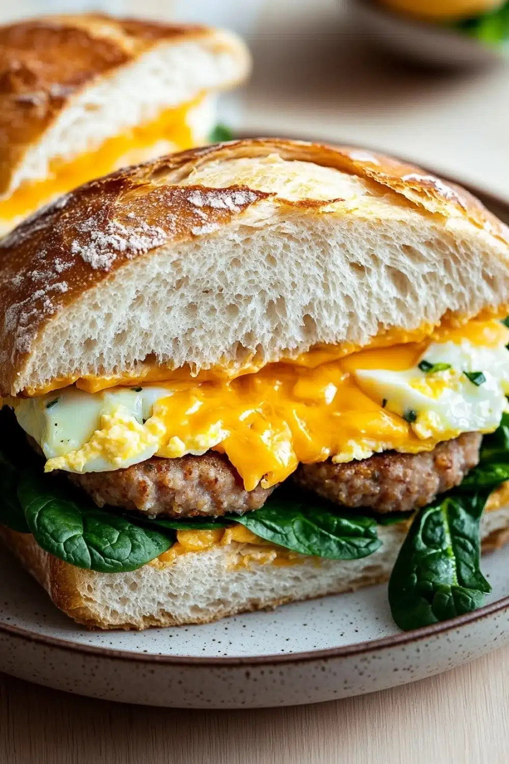 Breakfast sandwich ciabatta - the image shows a close-up of a burger on a plate. the burger is made with a toasted bun and is topped with a generous helping of melted cheese and a fried egg. the cheese is yellow and runny, and the egg is cooked sunny-side up. the plate is white with a speckled pattern, and there are a few sprigs of fresh spinach scattered around the plate. in the background, there is another burger and a bowl of lemons. the overall color scheme of the image is warm and inviting.