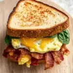 Breakfast sandwich on sourdough bread - the image shows a breakfast sandwich on a wooden cutting board. the sandwich is made with two slices of toasted bread, filled with scrambled eggs, bacon, and fresh basil leaves. the eggs are cooked sunny-side up and the bacon is crispy and golden brown. the basil leaves are a vibrant green color and add a pop of color to the sandwich. the cutting board is placed on a white countertop.