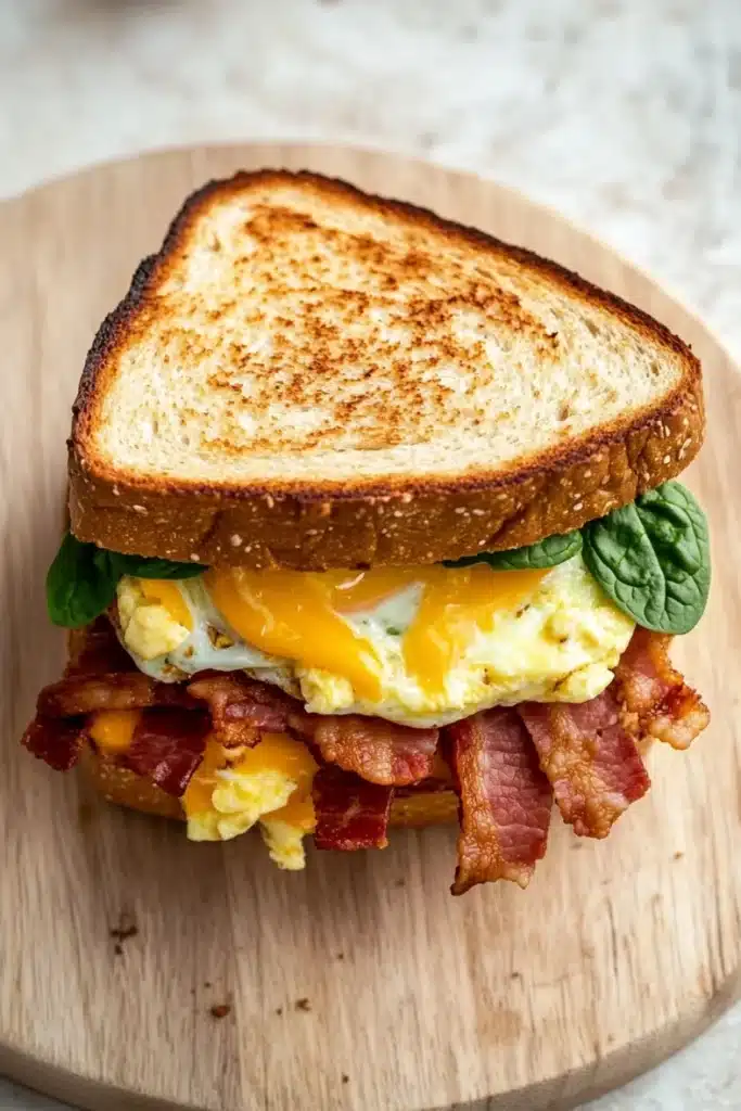 Breakfast sandwich on sourdough bread - the image shows a breakfast sandwich on a wooden cutting board. the sandwich is made with two slices of toasted bread, filled with scrambled eggs, bacon, and fresh basil leaves. the eggs are cooked sunny-side up and the bacon is crispy and golden brown. the basil leaves are a vibrant green color and add a pop of color to the sandwich. the cutting board is placed on a white countertop.
