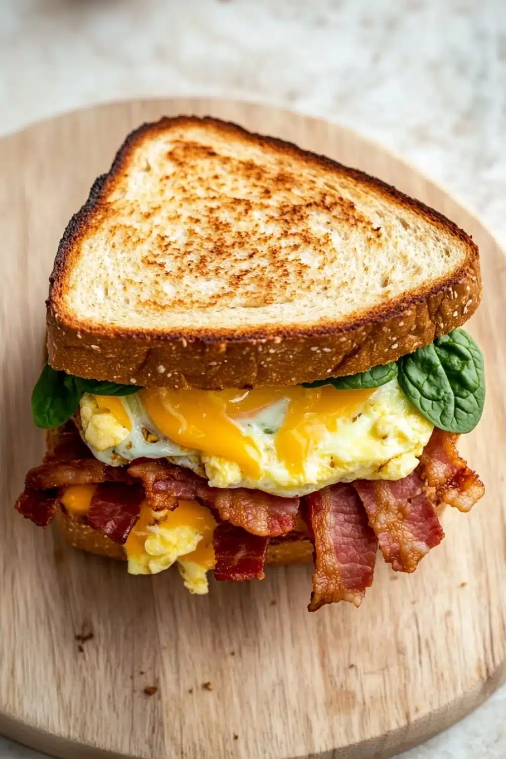 Breakfast sandwich on sourdough bread - the image shows a breakfast sandwich on a wooden cutting board. the sandwich is made with two slices of toasted bread, filled with scrambled eggs, bacon, and fresh basil leaves. the eggs are cooked sunny-side up and the bacon is crispy and golden brown. the basil leaves are a vibrant green color and add a pop of color to the sandwich. the cutting board is placed on a white countertop.