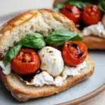 Burrata caprese sandwich with tomato confit - the image shows two pieces of bread on a white plate. the bread appears to be toasted and has a golden brown crust. on top of the bread, there are two whole tomatoes, one red and one white, with a dollop of mozzarella cheese on top. the tomatoes are garnished with fresh basil leaves. the plate is sitting on a wooden table. the background is blurred, but it seems to be a kitchen countertop.