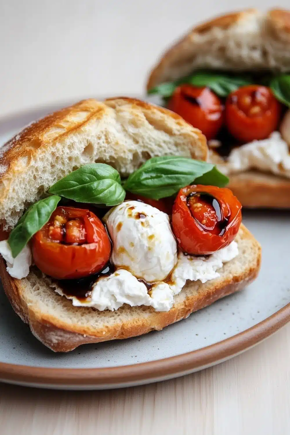 Burrata caprese sandwich with tomato confit - the image shows two pieces of bread on a white plate. the bread appears to be toasted and has a golden brown crust. on top of the bread, there are two whole tomatoes, one red and one white, with a dollop of mozzarella cheese on top. the tomatoes are garnished with fresh basil leaves. the plate is sitting on a wooden table. the background is blurred, but it seems to be a kitchen countertop.