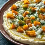 Butternut squash whipped feta dip - the image is a close-up of a flatbread pizza on a brown plate. the pizza is topped with diced butternut squash and crumbled feta cheese. the squash is cut into small cubes and arranged in a circular pattern on top of the cheese. there are also some dilllies scattered on top, adding a pop of green color to the dish. the plate is sitting on a dark blue tablecloth with a few sprigs of greenery in the background.